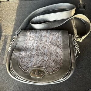 Steve Madden Metallic Gray Woven Faux Leather Saddle Bag